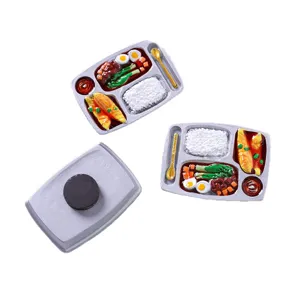Miniature bento box resin fridge magnet with realistic food play details and silver tray