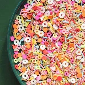 Macro shot of colorful mixed polymer clay slices and toppings for DIY crafts and nail art