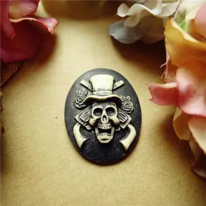 Close-up of a resin gothic skull relief charm with top hat and roses for DIY necklaces