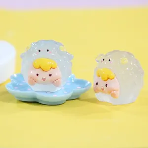 Macro view of a luminous jelly-textured cartoon character figurine in a sheep hoodie.