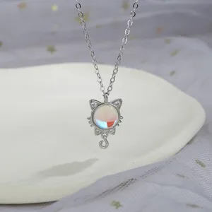 Elegant silver cat pendant necklace with colorful moonstone and dainty crystal accents