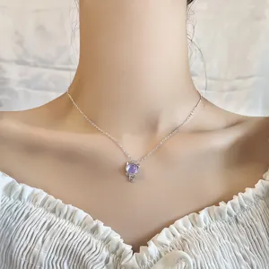 Cute Cat Moonstone Pendant Necklace For Women Copper Zirconia Inlaid Sweet Animal Kitten Clavicle Chain Jewelry Gift