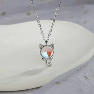 Elegant silver cat pendant necklace featuring iridescent moonstone for women and girls
