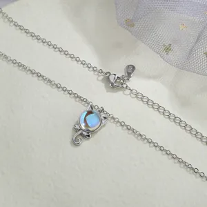 Dainty silver cat necklace with iridescent moonstone pendant for women