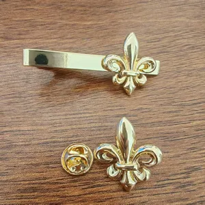 Vintage Gold Copper Alloy Fleur-de-lis Tie Clip and Brooch Set For Men Formal Business Wedding Fashion Accessories Gift