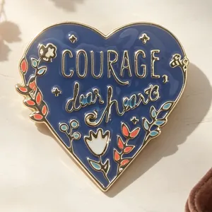 Vintage Blaues Herz Emaille Brosche Gold Vergoldet Legierung Stift Courage Dear Heart Slogan Blumendesign Damen Mode Accessoire Geschenk