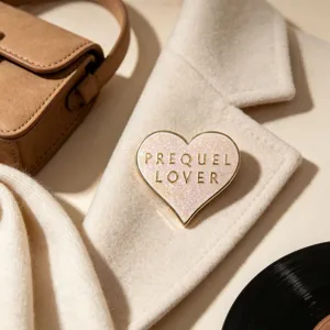 Close-up of heart-shaped glitter pin with gold PREQUEL LOVER text on a wool coat