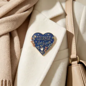 Detailansicht einer blauen Emaille-Herz-Brosche mit Courage Dear Heart Text auf Mantel