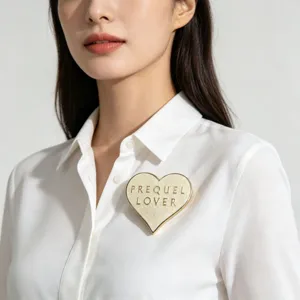 Detail of heart glitter brooch with PREQUEL LOVER engraving worn on white shirt