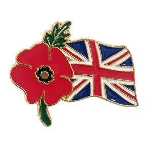 Emaille reversspeld met rode klaproos bloem en de Britse Union Jack vlag