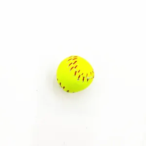 Detail view showing the red stitching and texture of a mini yellow softball accessory