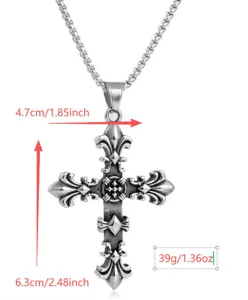 Detail view of antique silver fleur-de-lis cross pendant necklace with measurements