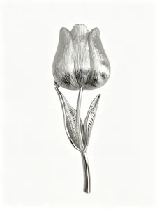 Spilla a forma di tulipano argento con trama metallica elegante e foglie curate.