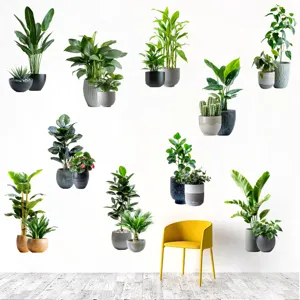 Detail view showing various realistic green potted plant wall stickers in different styles