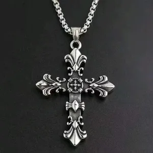 Detailed close-up view of a vintage silver Fleur-de-lis cross pendant for men's necklace
