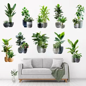 Collection of various green potted plant wall stickers shown in a living room setting