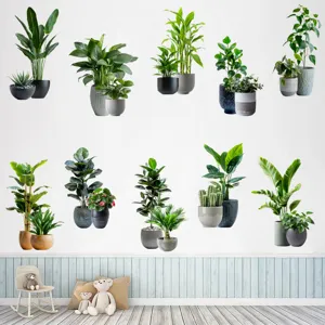 Decorative potted plant wall decals with various greenery designs for home interior