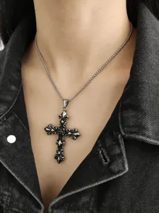 Detailed vintage gothic fleur-de-lis cross pendant necklace in antique silver finish