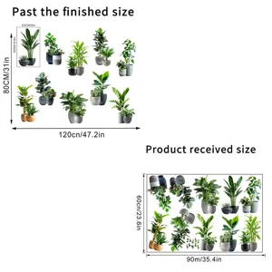 Detailed dimension guide for green potted plant wall stickers with finished and received sizes