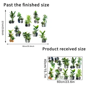 Green plant wall sticker diagram showing finished size 90x57cm and sheet size 60x40cm