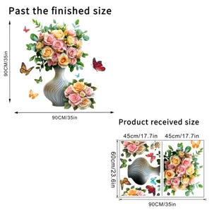 Dimensions détaillées de l'autocollant mural vase de pivoines avec guide de mesure