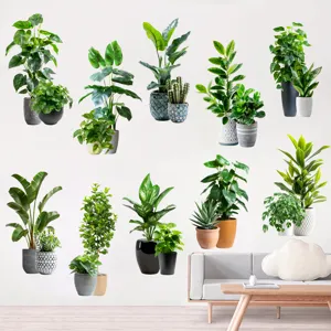 Detailed view of various waterproof potted plant wall stickers for home decor