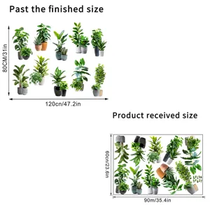 Technical layout showing finished and received sizes for plant wall stickers