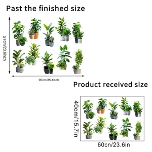 Detailed dimensions of waterproof green potted plant wall decal for room decoration