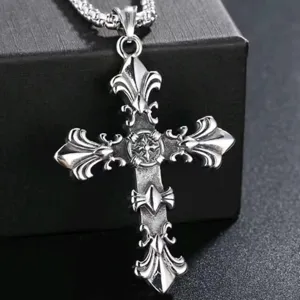 Vintage gothic silver cross pendant necklace with fleur-de-lis details for men