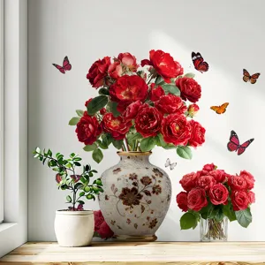 Gros plan de stickers muraux décoratifs de pivoines et vase sur un mur blanc épuré.