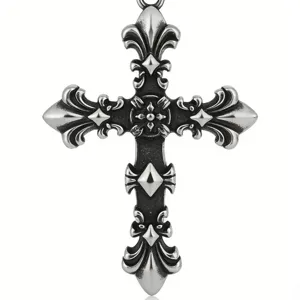 Detailed vintage gothic cross pendant with fleur-de-lis in antique silver finish