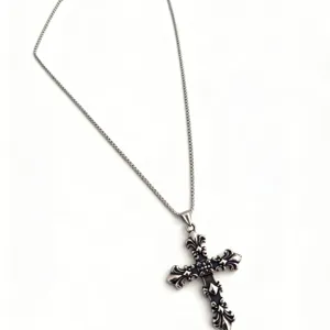 Vintage antique silver cross pendant necklace for men with ornate floral carvings
