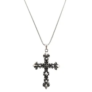Vintage antique silver fleur-de-lis cross pendant necklace for men with intricate detailing
