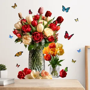 Stickers muraux pivoines et papillons vibrants sur mur blanc au-dessus d'un bureau en bois