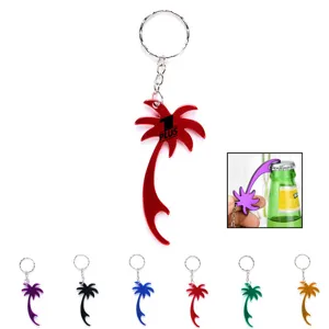 Detalle del llavero abrebotellas con forma de cocotero en varios colores y uso práctico.