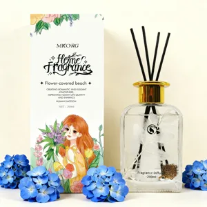 Indoor fragrance diffuser set with black reed sticks and elegant floral packaging box.
