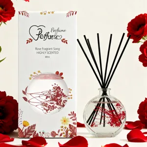 Flameless reed diffuser set 80ml with red flowers and black sticks for home and hotel use.