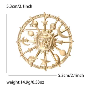 Detalles técnicos y medidas para el broche celestial de sol y luna en dorado