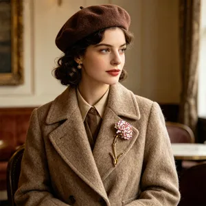 Elegant model wearing a white and red enamel carnation flower brooch on a wool coat