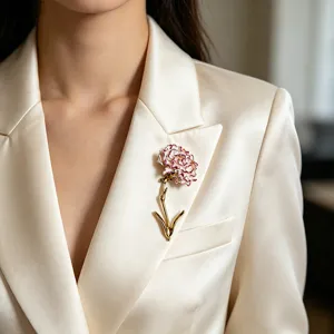 Elegant enamel carnation flower brooch pin for women, shown on a cream satin blazer