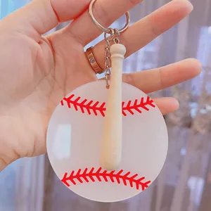 Creative Baseball Acrylic Keychain With Mini Wooden Bat Double Sided Printed Softball Pendant Sports Style Backpack Charm Gift