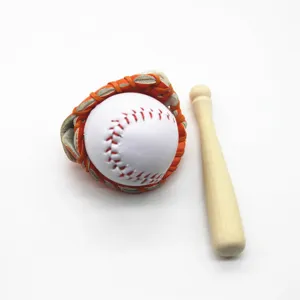Gedetailleerd overzicht van mini-baseballset met houten knuppel, handschoen