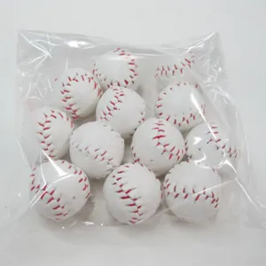 Bulk set of miniature white baseball keychain charms with red stitching in plastic bag