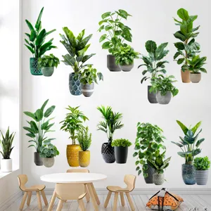 Detailed view of various tropical green plant wall stickers in a modern room
