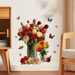 Autocollants muraux pivoines et papillons vibrants décorant un mur de salon moderne