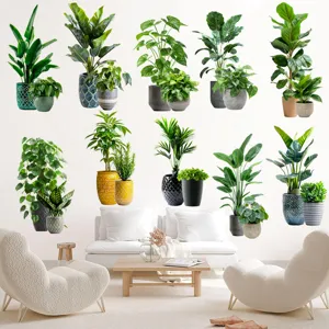 Detailed view of multiple green potted plant wall stickers in a modern living room