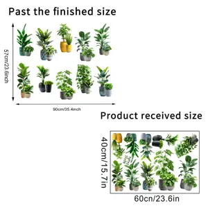 Dimensions guide for green potted plant wall decals showing sheet and applied sizes