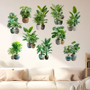 Detailed view of various realistic potted green plant wall stickers for living room decor