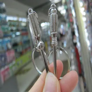 Close-up detail of a miniature screwdriver tool keychain made of stainless steel metal