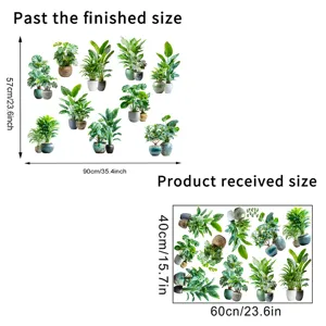 Detailed dimensions and layout for self-adhesive green plant potted wall stickers